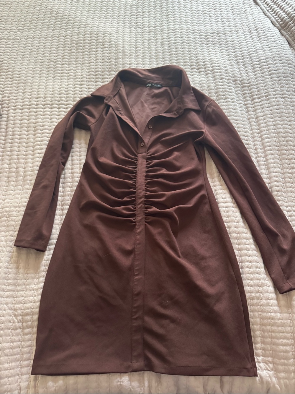Zara Brown Long Sleeve Ruched Front Collared Dress